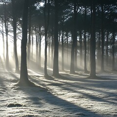 Illuminated dawn through evergreen forest canopy, casting shadows on frost ground