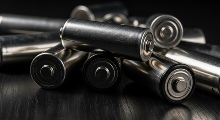 Close Up View Of Rechargable Cylindrical Batteries On A Dark Surface