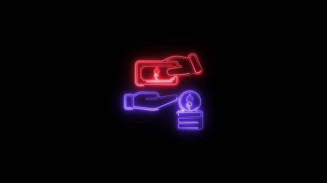 Glowing neon receivable money icon animation black background. 4K Video motion graphic animation.