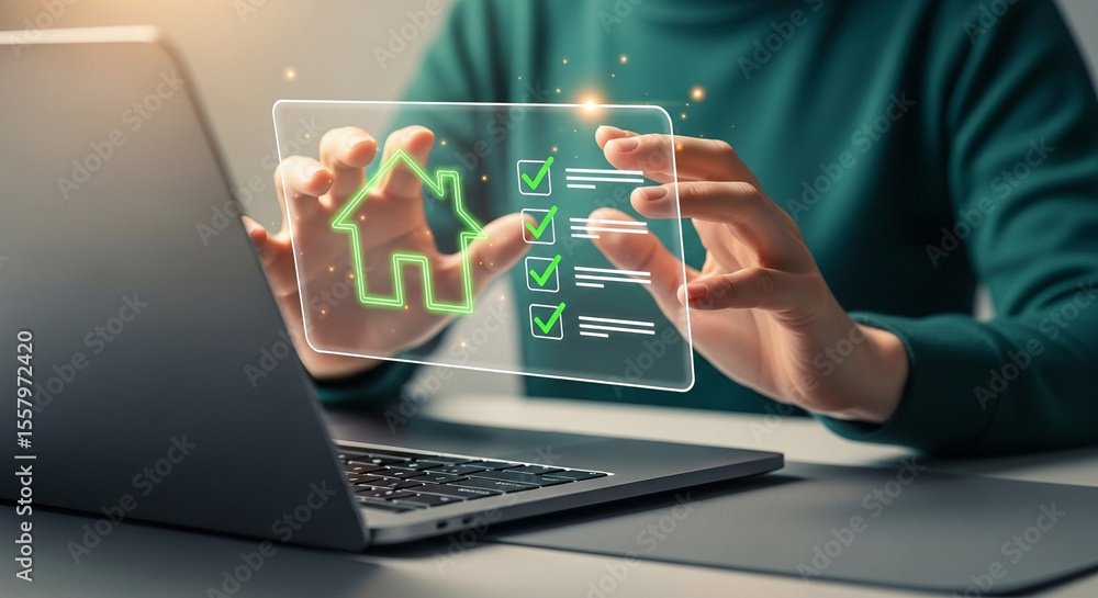 Poster person interacting with a digital house checklist on a transparent screen near a laptop display