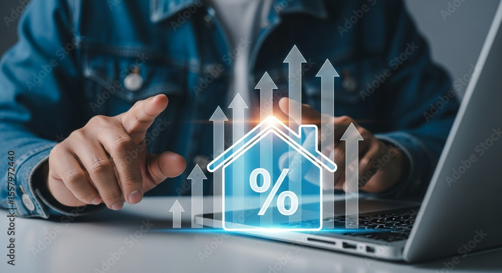 Poster person using laptop with house icon and upward arrows indicating property value increase trend onlin