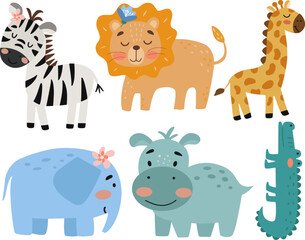 set of zoo animal cartoon character vector illustration