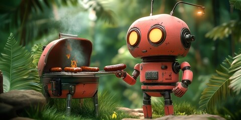 small red robot grilling sausages on a barbecue in a lush green forest with a focused expression and glowing eyes