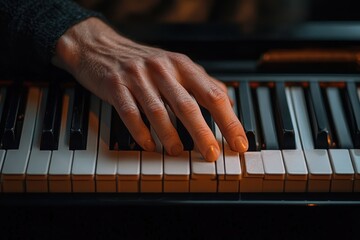 Fototapeta premium Close-up of a hand playing a piano keyboard in warm lighting, capturing a moment of musical focus and calm