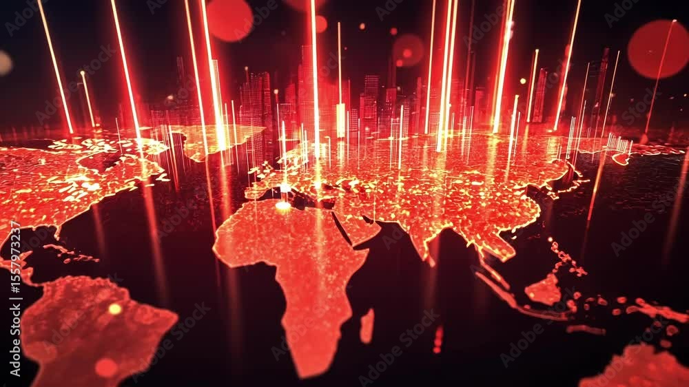 Aufkleber beams of light rising from a glowing red world map in a dark digital environment representing global