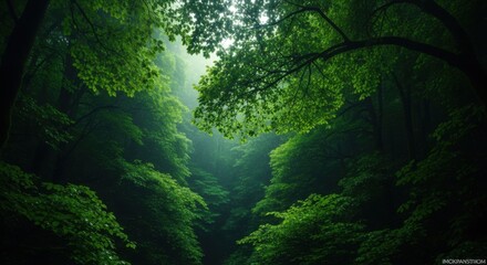 Misty Forest Canopy Sunlight Dappled Through Lush Green Trees