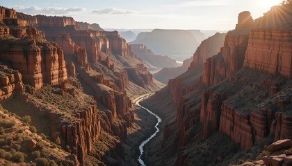 Majestic canyon with red rock formations, clear sky, and golden sunlight casting dramatic shadows"