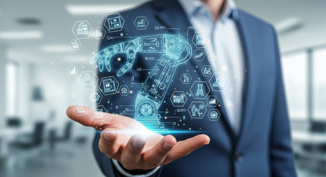 Man in suit holding a holographic robotic arm with surrounding industry related icons floating above