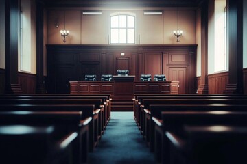 The quiet ambiance of a courtroom ready for proceedings.
