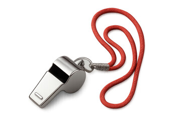 Classic chrome whistle with red lanyard lying on a transparent background, ready for signaling or officiating