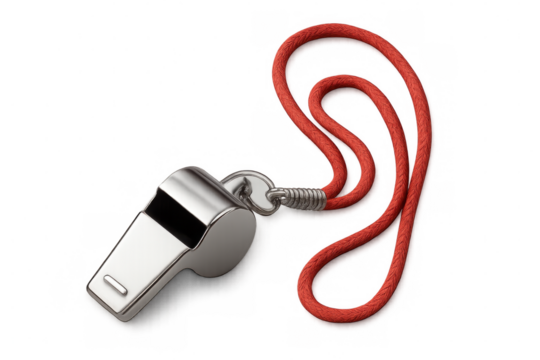 Classic chrome whistle with red lanyard lying on a transparent background, ready for signaling or officiating - Powered by Adobe