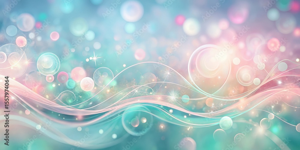 Poster pastel dreamscape flowing lines and shimmering bubbles in a soft, ethereal background