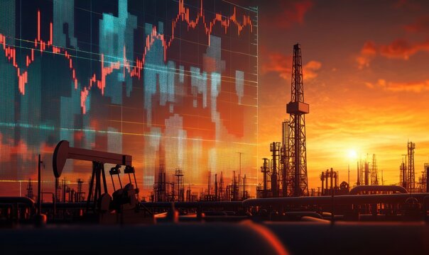 Sunset over an industrial oil refinery and pumpjack with a transparent overlay of fluctuating financial graphs and stock market data - Powered by Adobe