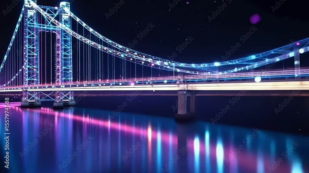 Poster a holographic bridge constructed from abstract shapes of various business models symbolizing the con