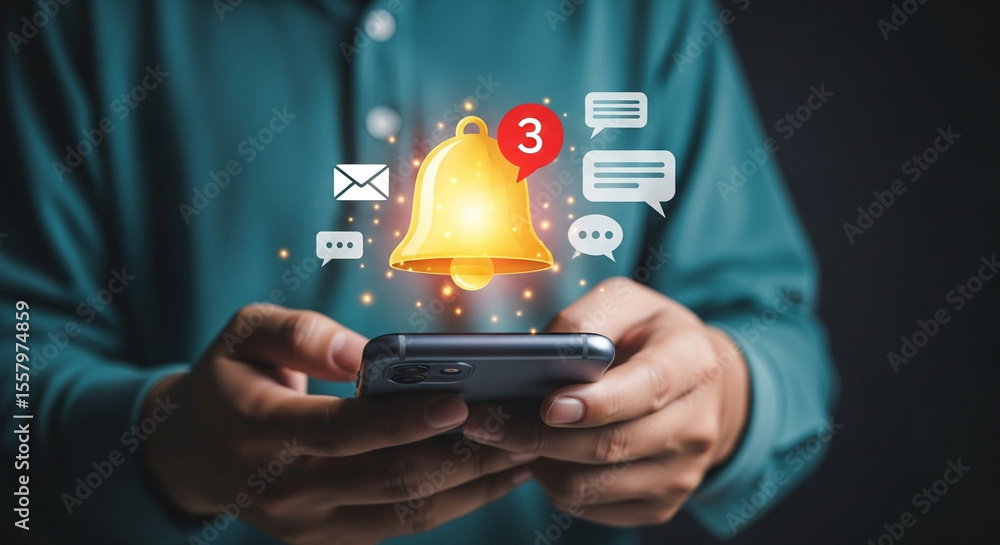 Aufkleber person holding smartphone with notification bell and message icons hovering above the screen