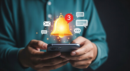 Person holding smartphone with notification bell and message icons hovering above the screen