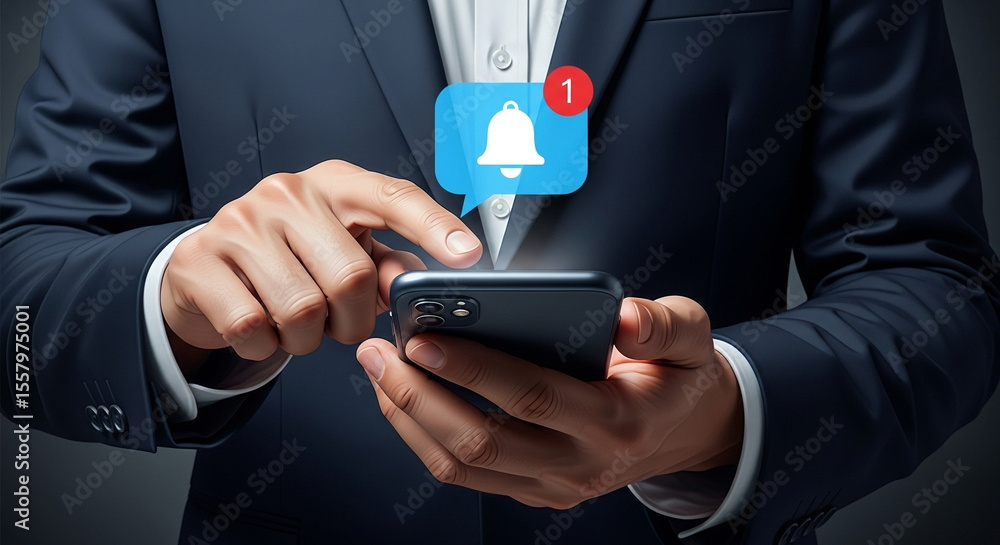 Poster A person in a suit holding a smartphone with a notification bell icon on the screen display