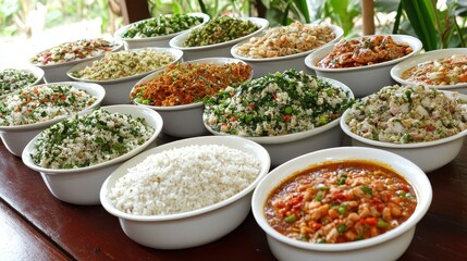 Fototapeta premium Assorted Dishes Served In White Bowls On A Table