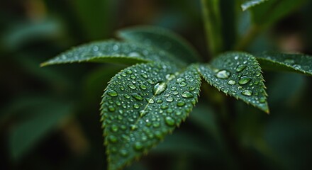 Close-up of a leaf covered in water droplets.