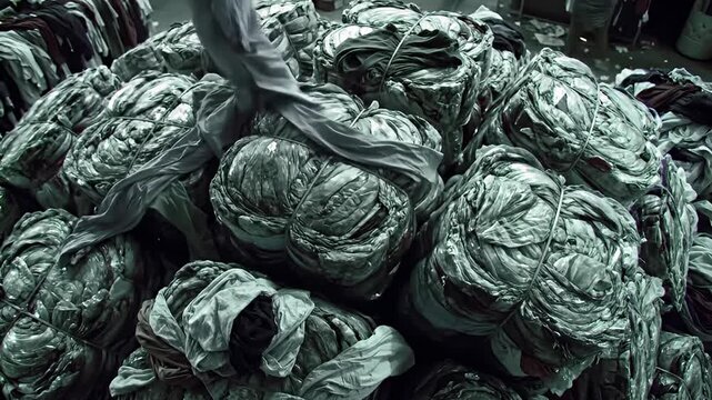 Piles of compressed textile waste with one piece in motion