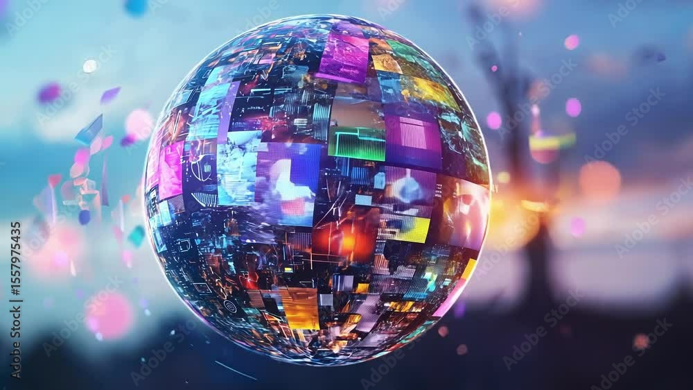 Poster futuristic sphere of interconnected screens displaying diverse data and images, symbolizing global c