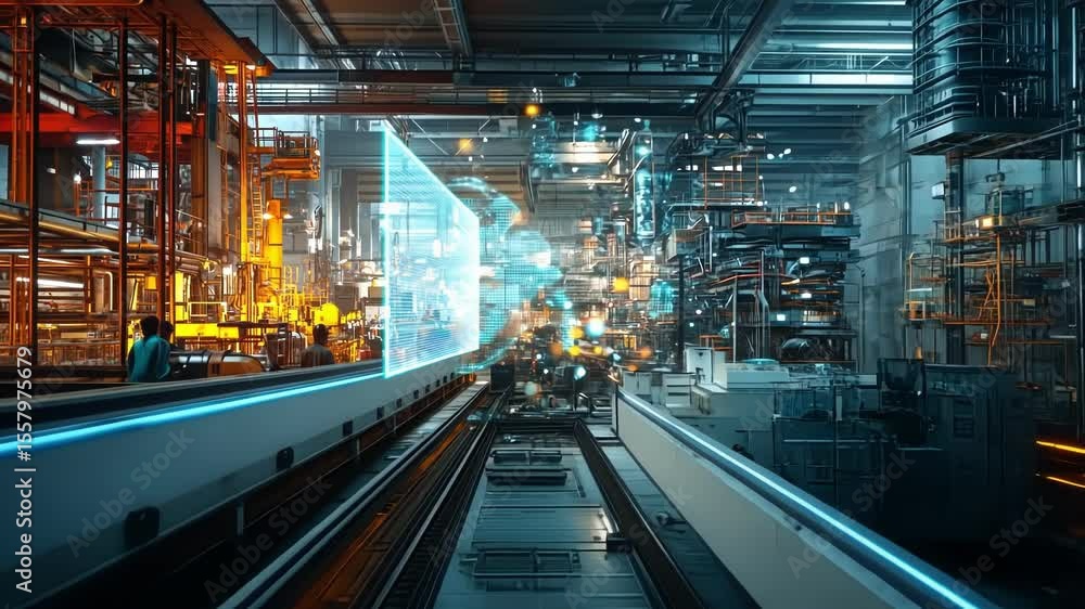 Poster industrial engineers supervising automated production line in modern factory using data analysis and