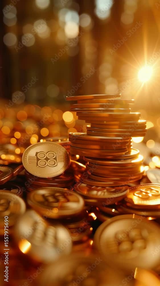 Poster stacks of shiny coins are arranged beautifully as sunlight filters through the trees, creating a mag