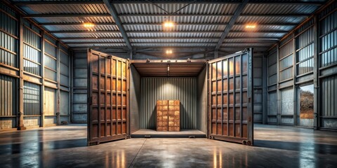 Rustic industrial warehouse interior featuring a large cargo container with its doors open, revealing a golden-hued storage unit inside, bathed in warm lighting.