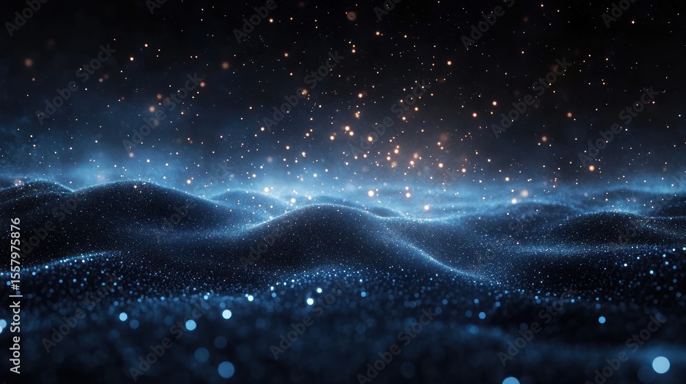 Poster glowing blue and orange particles floating above and across a smooth, dark wave-like surface creatin