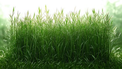 Fototapeta premium Close-up of vibrant green tall grass blades illuminated by soft natural sunlight with a blurred green and white background