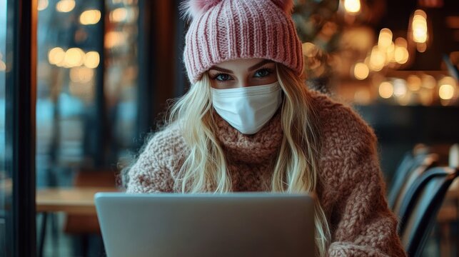 Young woman wearing pink knit hat and face mask working on a laptop in a cozy cafe with warm lighting during winter