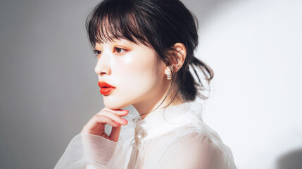 赤リップが映える横顔の美しい女性ポートレート