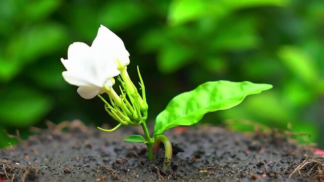 timelapse shows a jasmine seed sprouting from moist soil
