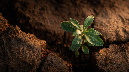 Growth's Resilience: A single vibrant sprout pushing through a cracked earth, bathed in a soft, hopeful light, symbolizing new life and the strength to overcome obstacles.