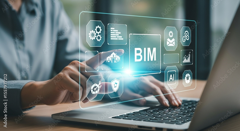 Poster Person using laptop with bim interface and icons floating above the keyboard in a modern setting