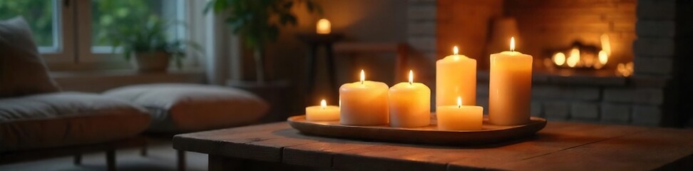 Warm Candlelight Illuminates Cozy Living Room Interior, Creating a Relaxing and Inviting Atmosphere Perfect for Home Decor and Ambiance Themes.
