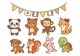 万国旗と8匹の可愛い動物キャラクター