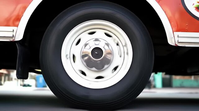 Close up of truck wheel with chrome hubcap, soft focus background