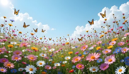 Wildflower meadow in full bloom under a bright blue sky, butterflies flying gently among colorful blossoms"
