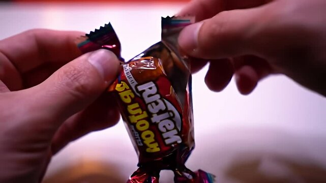 Hands unwrapping candy with colorful foil wrapper
