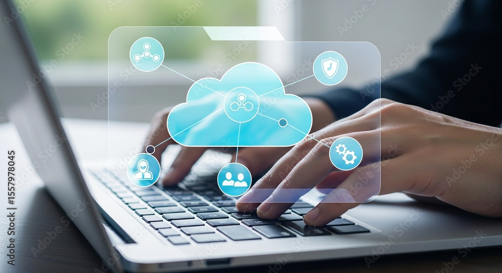 Aufkleber Person typing on a laptop with cloud computing icons overlayed on the screen interface display
