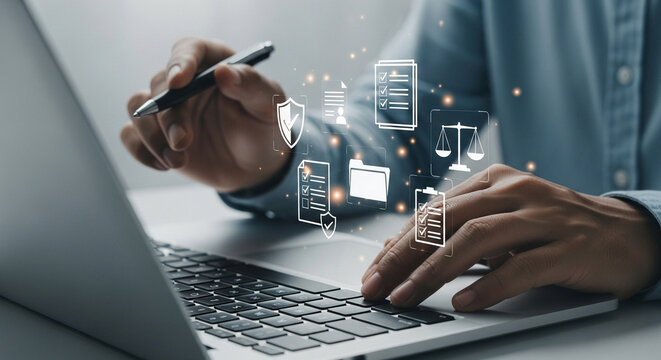 Person using laptop with digital icons representing legal compliance and data protection overlayed
