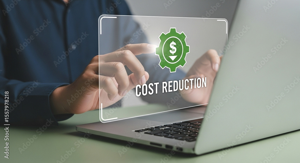 Aufkleber man using laptop with cost reduction graphic overlay showing dollar sign and gear on the screen