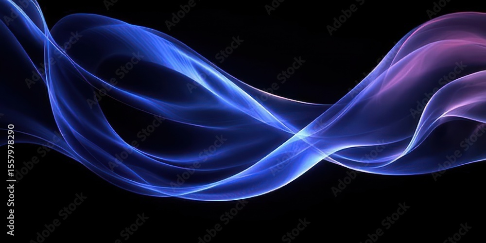Poster flowing translucent blue and purple light waves gracefully intertwining over a black background crea