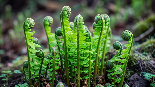 Emerging green fern fronds curl upwards in a lush, vibrant woodland setting