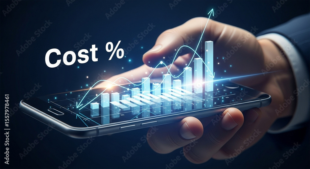 Aufkleber Hand holding smartphone displaying cost percentage and a rising bar graph with upward trend line