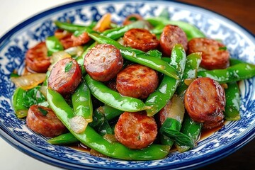 Close-up of a plate with cooked sausage slices and green snap peas saut&eacute;ed with onions and herbs on a patterned ceramic dish