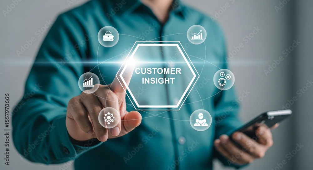 Poster A person interacting with a customer insight interface on a phone with data icons around it