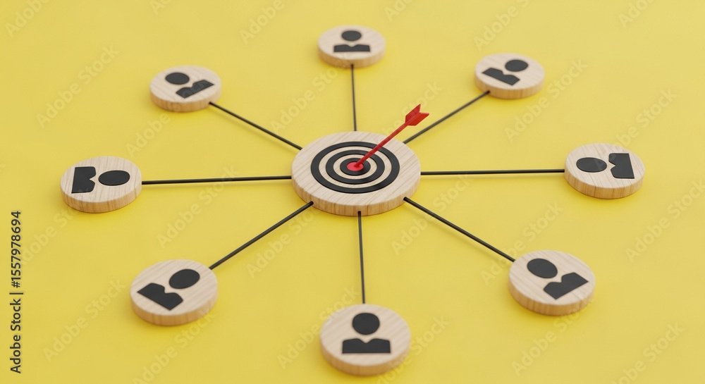 Aufkleber Wooden target with arrow and person icons connected by lines on a yellow background concept image