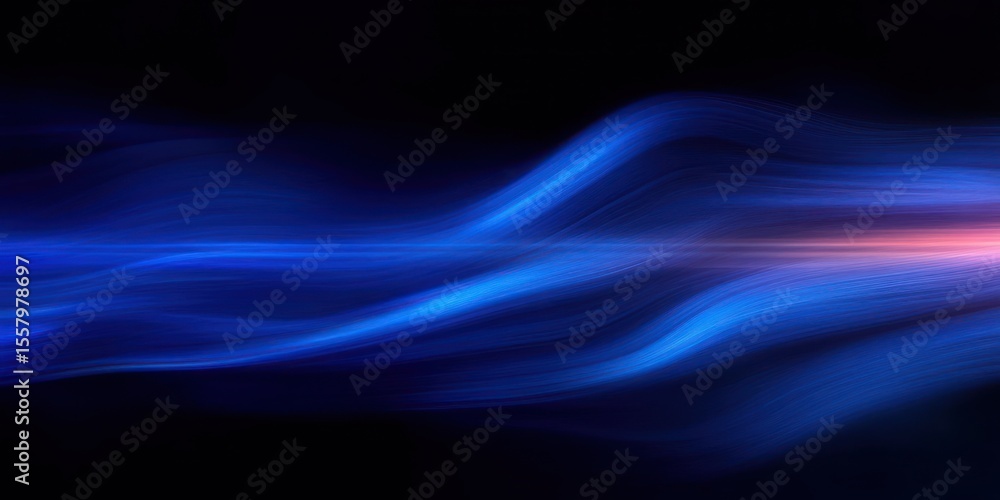 Poster abstract flowing blue light waves with smooth motion effect against a dark background, creating a se